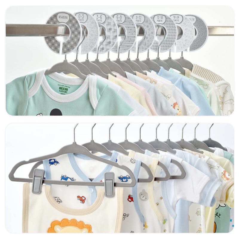 Babyrish Velvet Baby Hangers with 10x Clips and 8X Dividers (30 Pack) | 11â€ Ultra-Slim Baby Clothes Hangers | Non-Slip Felt | Space-Saving Nursery & Infant Closet Organizer | Gray - Image 2